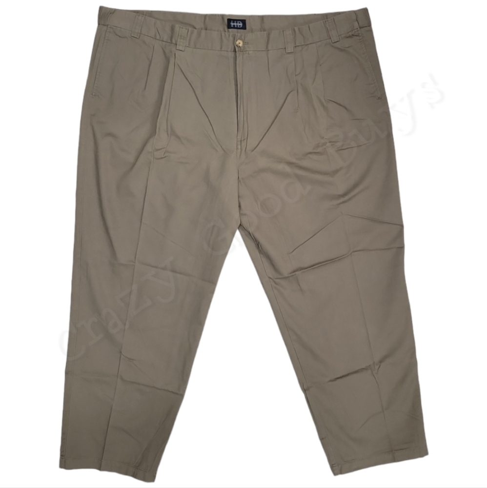 NWOT Harbor Bay 100% Cotton Pleated Waist Relaxer Chino Khaki Pants, Olive 54x30